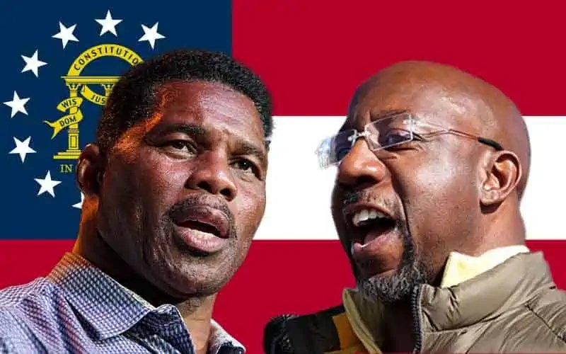 Herschel Walker and Raphael Warnock in front of a Georgia state flag