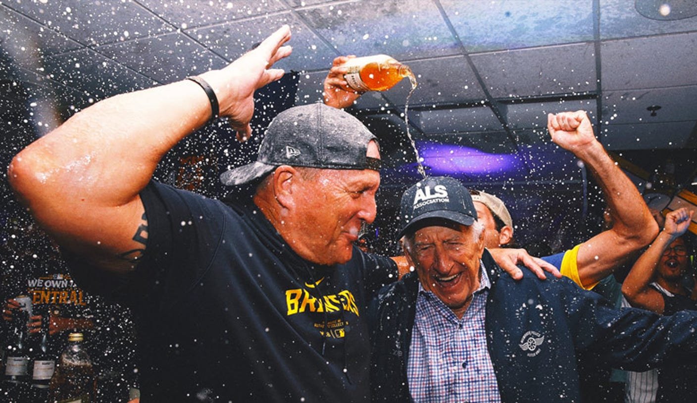 Brewers' wild clinch party: Bob Uecker 'peed himself'; Jackson Chourio baby stroller